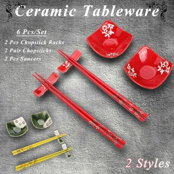 

Red Green Chinese Style Ceramic Tableware Gifts Japan and South Korea Dishes Chopsticks Kitchen Supplies Sushi Set for 2 People