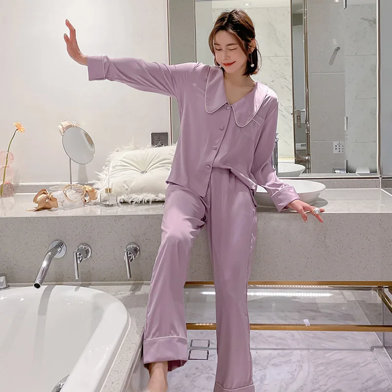 Ice Silk Pajamas Women's Spring And Autumn Silk Long Sleeve Two Piece Suit Cardigan French Collar Elegant Sleepwear