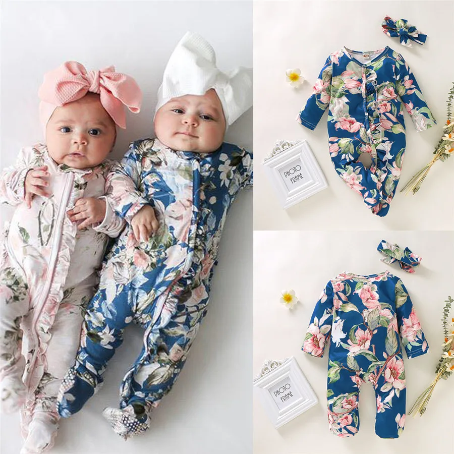 Baby sports pajamas long sleeve floral print wrap feet haile warm pajamas comfortable baby climbing clothes + headband 40A1 (1)