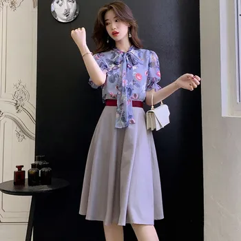 

Women Summer Floral Print Chiffon Two Piece Set Office Lady 2019 New Bow Blouses A-Line Knee Length Skirts Outfits Office Suit