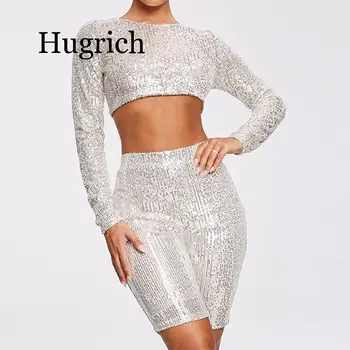 

2020 4 Colorful Sequin Nightclub Shorts Outfits Full Sleeve Crop Top With Shorts Bling bling Party Summer Women Two Piece Sets