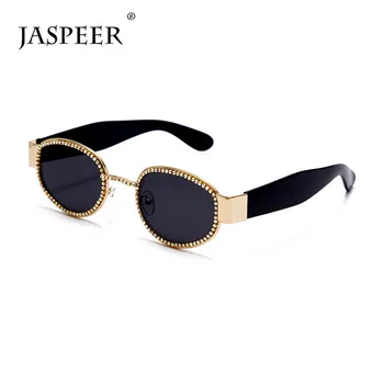 

JASPEER Rhinestone Punk Sunglasses Men Luxury Brand Designer Steampunk Oval Pilot Sun Glasses Women UV400 Driving Sunglasses