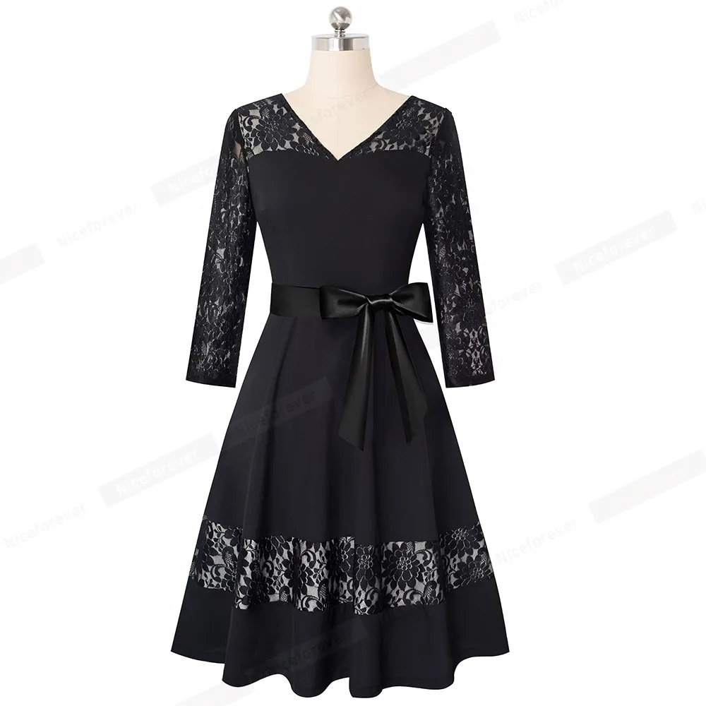 Nice-forever Retro Elegant Lace Patchwork with Sash vestidos Party Women Flare A-line Autumn Dress A182