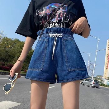 

COIGARSAM 4XL Plus Size Loose Denim Summer Elastic High Waist Women Shorts Blue 5834