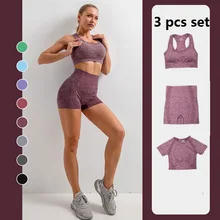 Conjunto sem costura 3 peças de roupa de fitness feminina, vestimentas de yoga, treino, sutiãs, camisas de manga curta, shorts esportivos, conjunto activewear