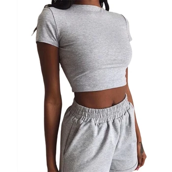 

2 Piece Set Women Summer O Neck Casual Crop Top Female Clothing Tracksuit Pockets Loose Shorts Two Piece