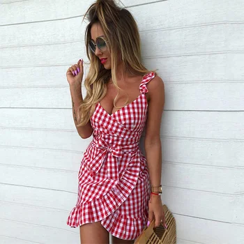 

Women casual Plaid Dress vintage ruffle backless wrap Sexy Dresses Sleeveless v neck tie waist Mini Summer dress vestidos 2020