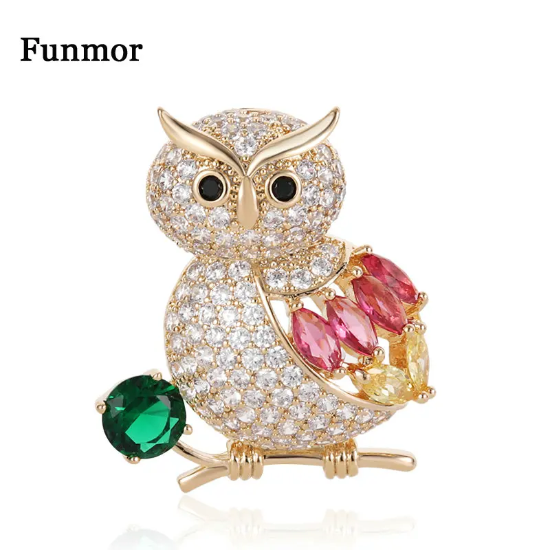 Нежные маленькие булавки Funmor сова Броши из меди с полным цирконием для женщин и