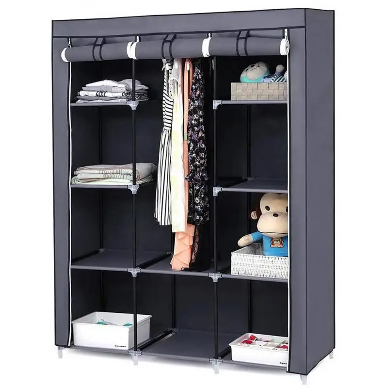 

Portable DIY Wardrobe 67Inch Non-woven Fold Closet Storage Cabinet Multifunction Dustproof Moistureproof Furniture Gray/Black