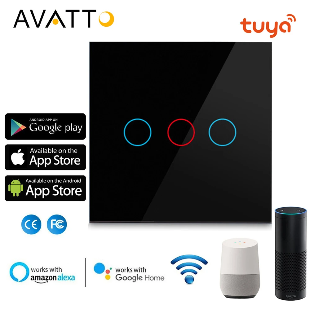 Cena AVATTO Tuya EU Wifi przełącznik do montażu ściennego, inteligentny włącznik światła, szklany Panel dotykowy przerywacz 1 2 3 Gang praca z Alexa, Google Home