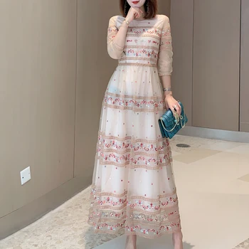 

Middle-Sleeved Retro Ethnic Style Embroidery Hollow Mesh Gauze Banquet High-Quality Mid-Length Dress Women'S Spring And Summer
