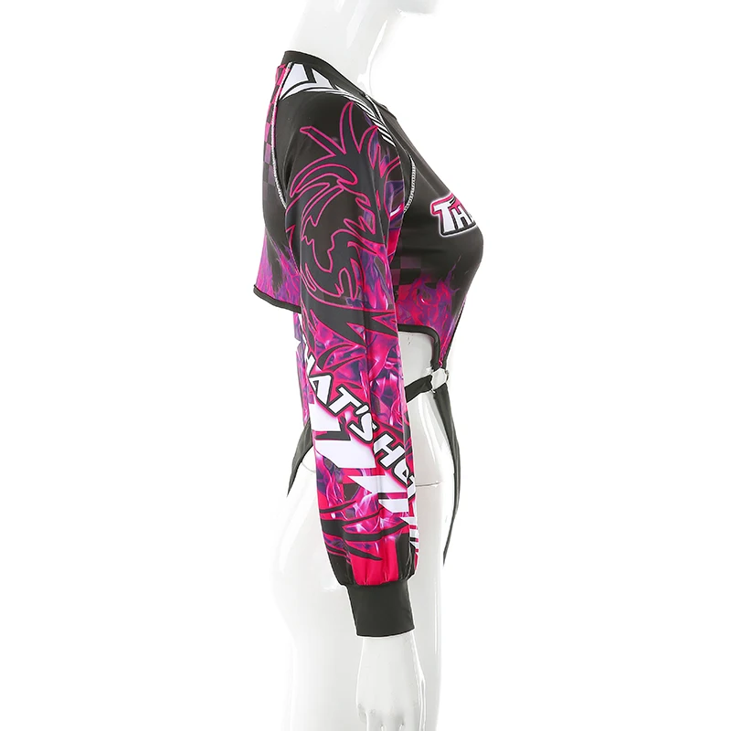 Baratos Sweetown Flaming Fire Print Bodysuit mujeres recortadas Sexy Rave bodys Otoño Invierno manga larga Moto Biker gótico bodys