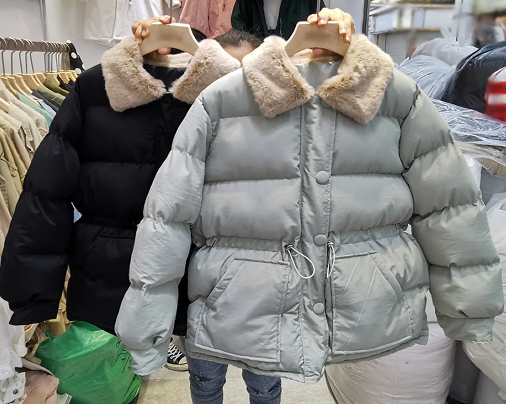 Утепленные женские парки, новинка, повседневный воротник из кроличьего меха, шнурок на талии, свободный пуховик, женское теплое зимнее пальто с хлопковой подкладкой