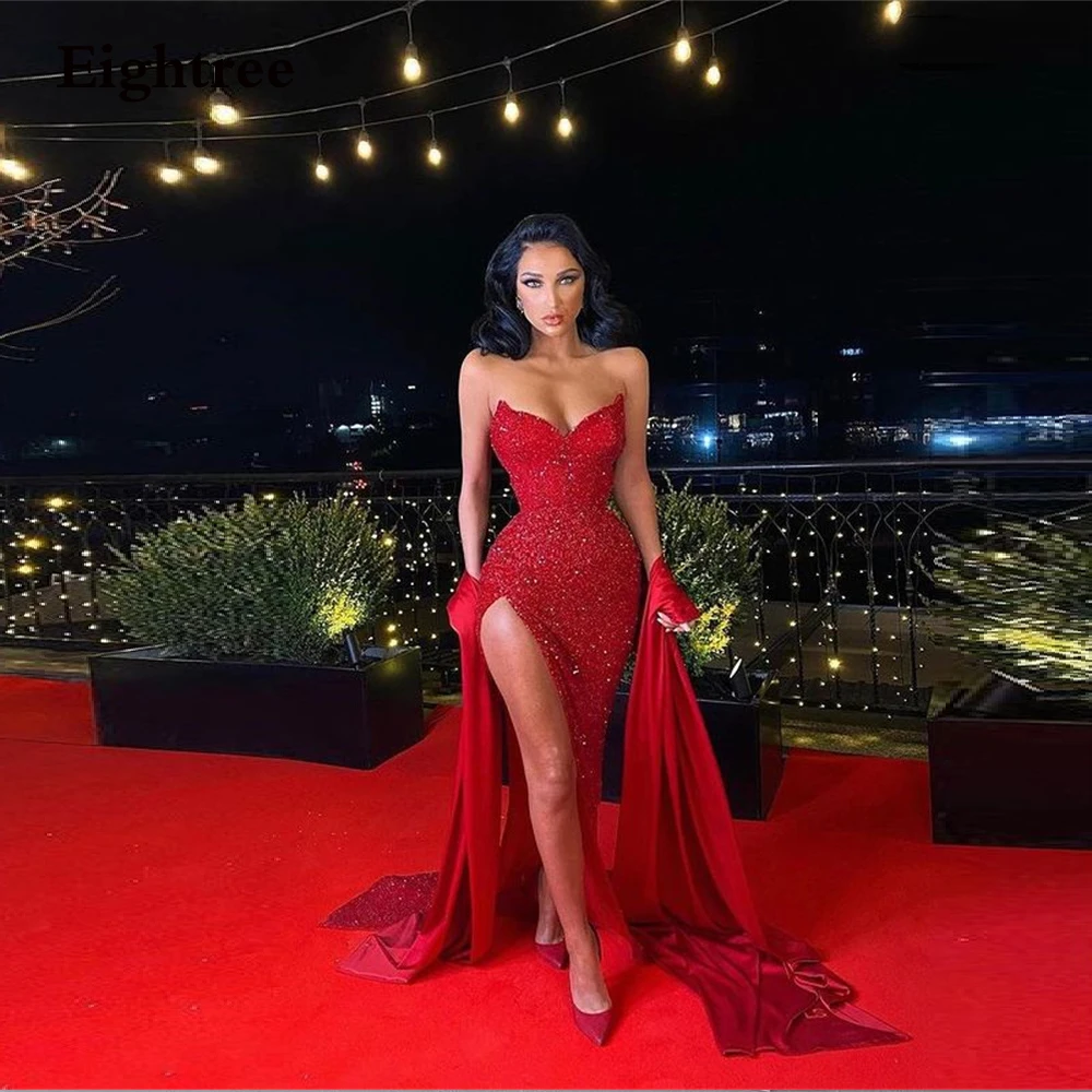 Eightree Wine Red Long Mermaid Prom Dresses New Sweetheart Sparkly Sequins Sleeveless Evening Gowns Formal Night Party Gowns burgundy prom dresses