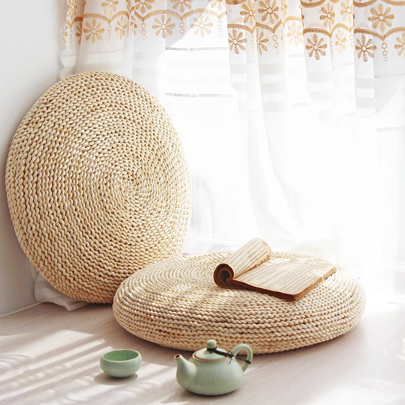 Handcrafted Eco-friendly Straw Woven Dia. 40cm Seat Pouf Yoga Meditation Mat