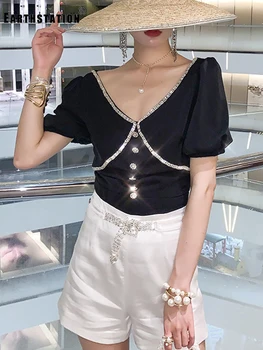 

Free shipping heavy craft diamond V-neck diamond buckle short shirt ladies summer new fashion personality all-match top
