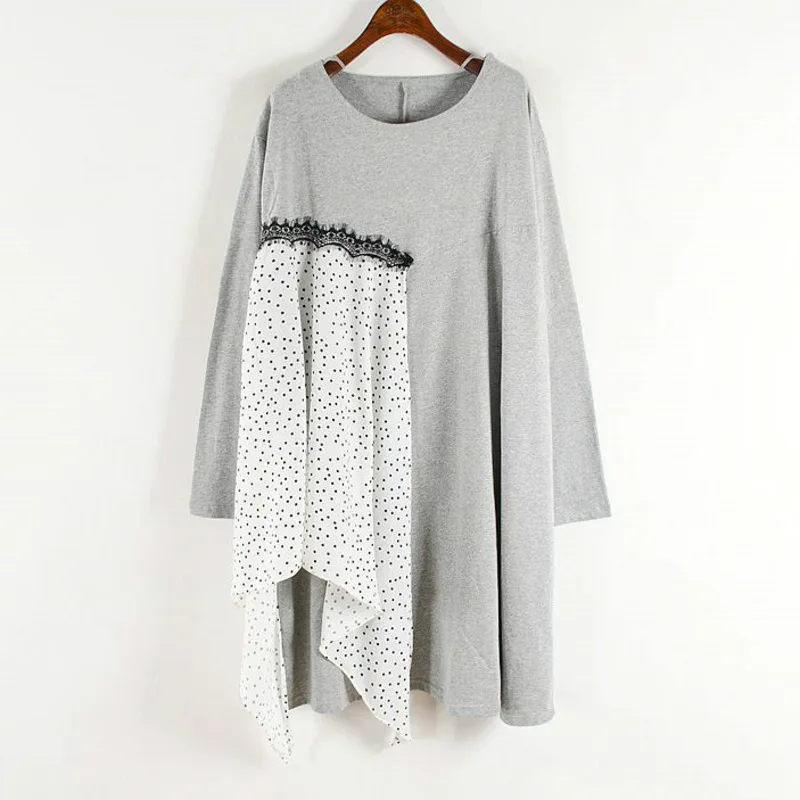

[EWQ] 2019 Spring Autumn New Pattern Round Collar Long Sleeve Asymmetrical Pullovers Casaul Pullovers Dress Women AH15001