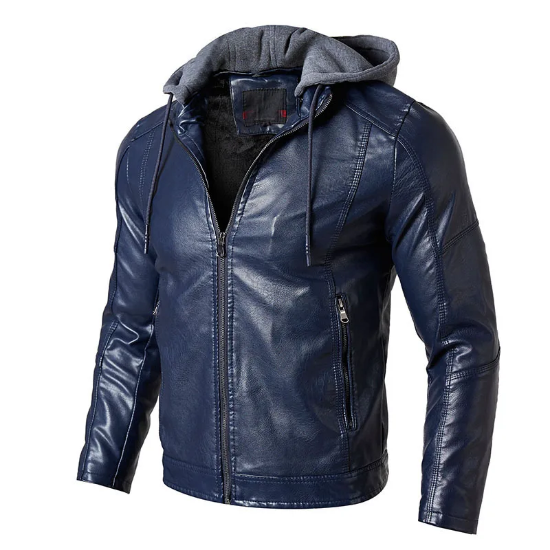 Мужская зимняя кожаная куртка с капюшоном, флисовое теплое пальто, мотоциклетная искусственная кожа, Классическая куртка для отдыха, Мужская Куртка Jaqueta Masculino Couro - Цвет: Blue