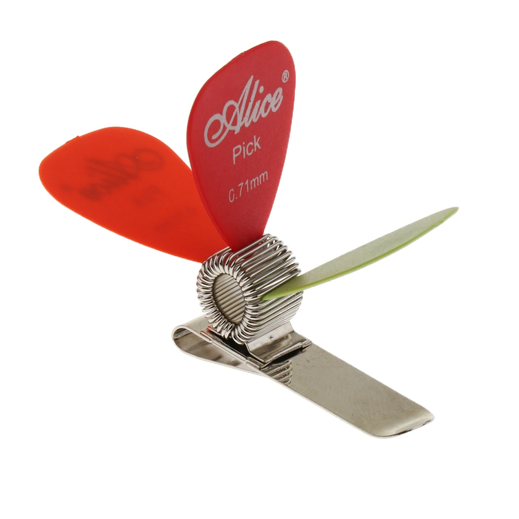 Portable 1 Set Guitars Picks + Aluminium Spring Pick Holder Clip to Strap