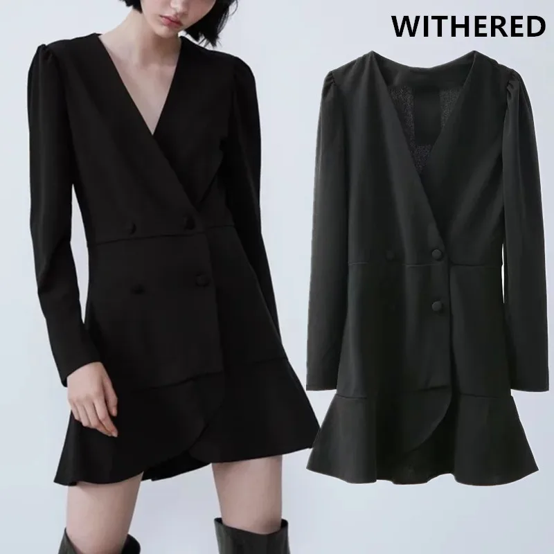 

Withered england style office lady elegant double breasted party mini dress women vestidos de fiesta de noche vestidos blazer