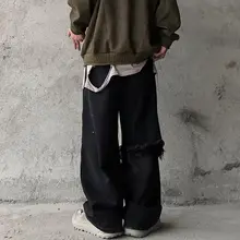 

Gothic black jeans men raw-edge trousers 2021 autumn Korean fashion new patchwork dark casual loose goth pants wide-leg trousers