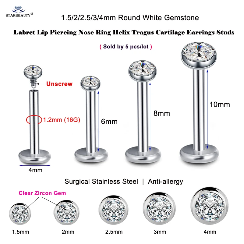 5 Pcs/Lot 1.5~4mm Gem 16G 6/8/10mm Bar Nose Ring Stud Helix Piercing Oreja Labret Lip Ring Ear Piercing Tragus Earrings Jewelry