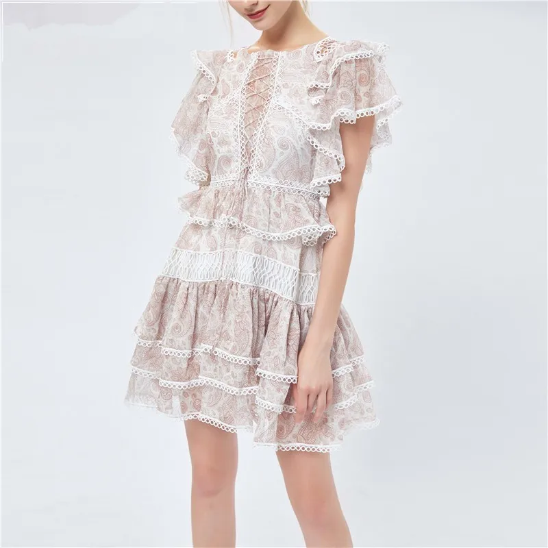 

Elegant Print Women Dress O Neck Short Sleeve High Waist Ruffles Hollow Out Summer Beach Slim Mini Dresses