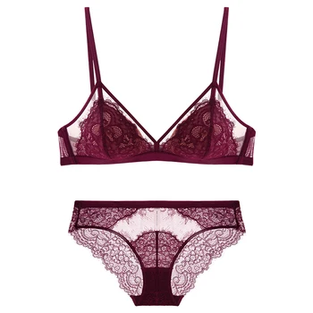 

High Quality Eyelash Lace Sexy Bra Set Red Ladies Underwear Women Push Up Wireless Embroidery Bralette And Panties Sets Lingerie