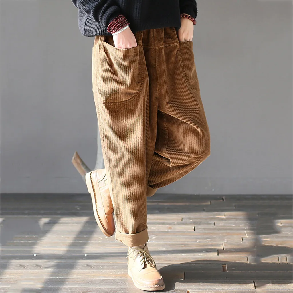 Новые женские брюки осень зима винтажные карманы вельвет Твердые свободные повседневные женские брюки большого размера плюс широкие брюки#118