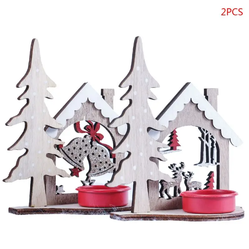

2pcs/set Christmas Tree Bell Deer Candlestick Tea Light Wooden Candle Holder DIY M76D