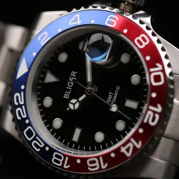 

Bliger 43mm black dial luminous marks sapphire blue red rotating bezel GMT function automatic movement men's wrist watch