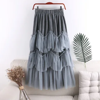 

Han edition of the new winter long irregular patchwork of posed A bust pleated skirt A word net veil female skirt 686