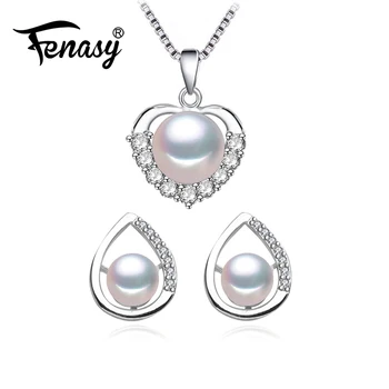

FENASY 925 Sterling Silver Jewelry Sets Natural Pearl Stud Earrings Custom Trendy Party Heart Pendant Chain Necklaces For Women