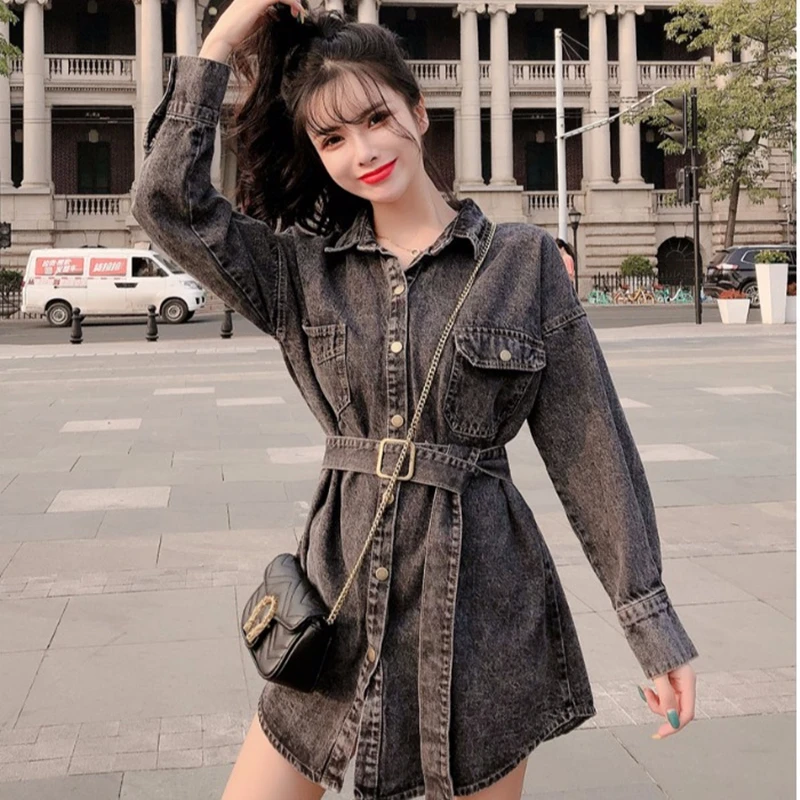 buy  Spring 2020 new Cowboy Coat Korean loose mid-length lace-up denim jacket women's Fashion Girl Jean 