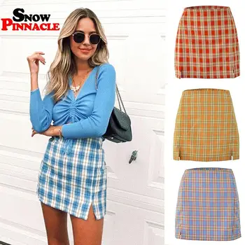 

Summer Womens mini Skirt Plaid Slim High Waist Zipper Package Hip Fashion OL Ladies Mini Pencil Skirt Plaid skirt S-XL