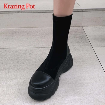 

Krazing pot winter new boots real leather mixed cloth stretch thick bottom round toe high heel slip on mature mid-calf boots L51
