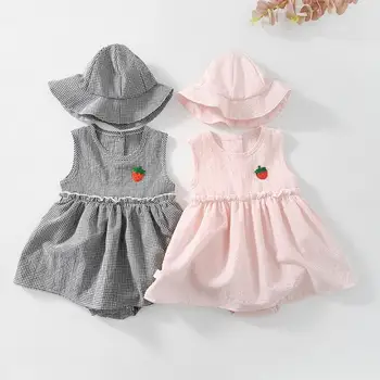 

Baby Girls Dresses 2020 Summer Children's Clothing Hat 2pcs Set Baby Sleeveless Plaid Bodysuit Party Princess Dress