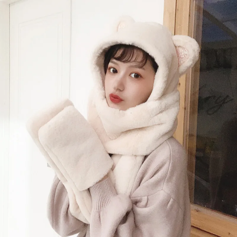 Женские зимние наушники, шапки Kawaii, кошачьи ушки, шапка с длинным шарфом, перчатки, плюшевые теплые мягкие милые шапки с героями мультфильмов для девочек