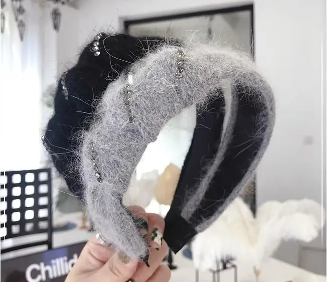 Женские зимние головные уборы с искусственными кристаллами из шерсти Minks, однотонные шерстяные повязки для волос с боковым узлом для взрослых, аксессуары для волос