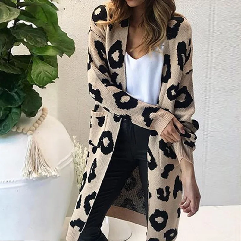 Women Autumn Leopard Long Sweater Cardigan Causal Loose Knitted Sweater Women Sweater Winter Tops 2019 New Plus Size