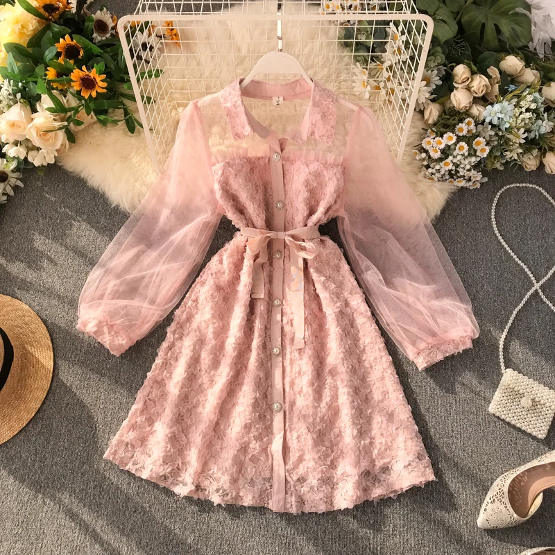 

Autumn New Women's 2019 Mesh Long Sleeve Stitching 3D Flower A-line Dress Lady Elegant Vestidos J595