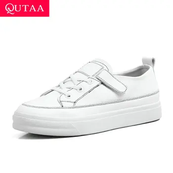 

QUTAA 2021 Cow Leather Women Sneakers Casual Round Toe Ladies Pumps Hook&Loop Lace Up Wedge Heel Women Single Shoes Size 34-40