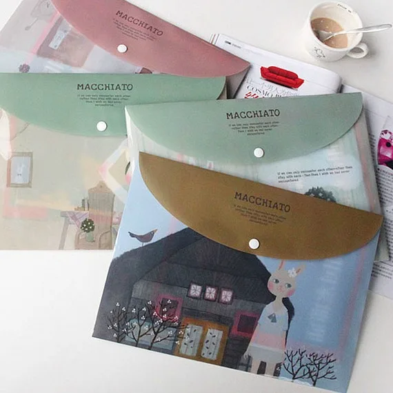 

"Macchiato" Pack of 4 File Folder Cute Plastic Document Study Working File Bag Organizer School Big Pocket Bag