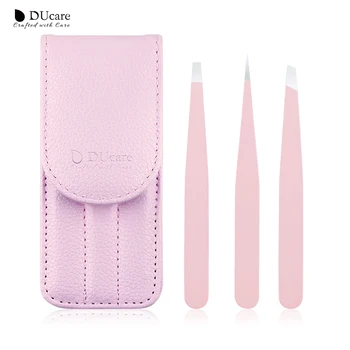 

DUcare 3 PCS Eyebrow Tweezers Set Stainless Steel Flat Tip/Slant Tip/Point Tip Hair Removal Eye Tweezers with Pink Bag