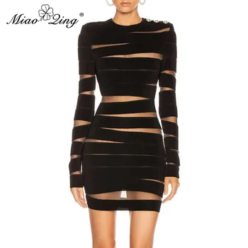 

MIAOQING Striped Hollow Out Sexy Dress For Female O Neck Long Sleeve High Waist Slim Large Size Dresses Womens Clothes 2020