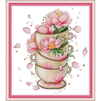 

Everlasting Love Flower On Coffee Cup Chinese Cross Stitch Kits Ecological Cotton Stamped Printed 14CT DIY Christmas Decoration