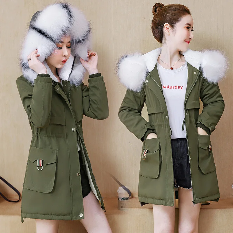 

Winter Cotton-padded Jacket Women's 2019 New Style Large Fur Collar Korean-style Drawstring Mid-length Cotton-padded Clothes INS