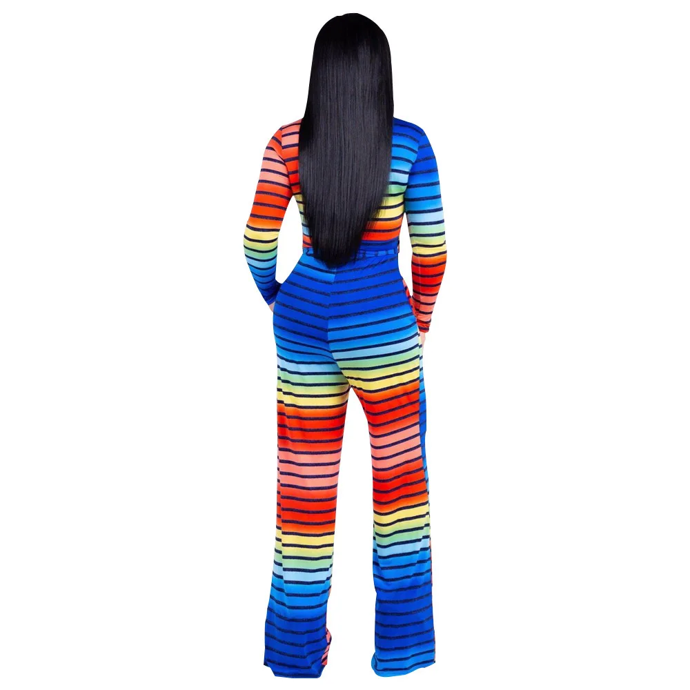 XL Autumn Women Jumpsuits O-neck  Long Sleeve Rompers High Waist Gradient Color Stripe Female Clothes with Belt