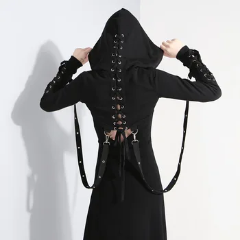 

Women's Gothic Hooded Lace Up Cross Strap Black Buckle Strap Short Hoodies & Sweatshirts Black