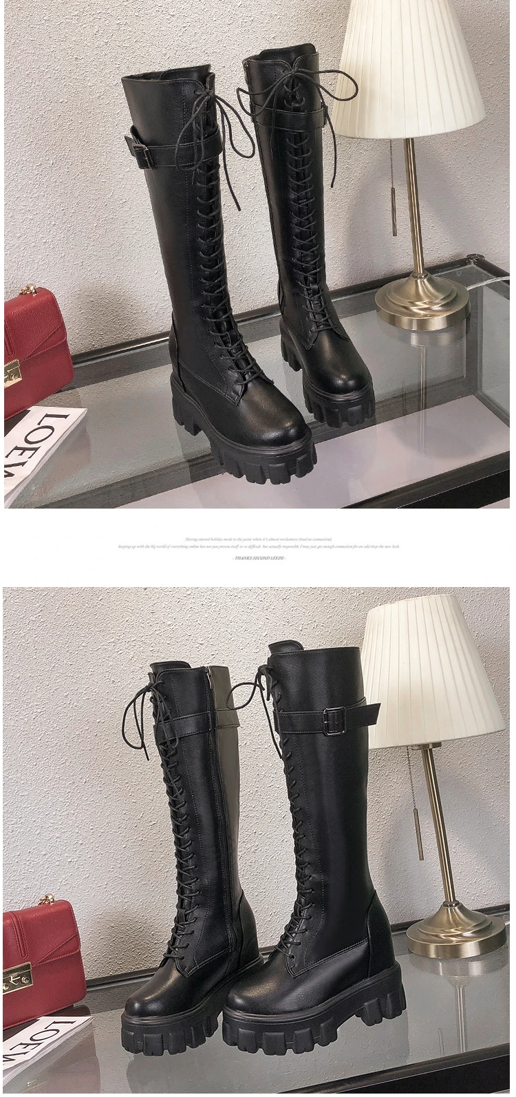 patent leather knee high boots fashion women's increased shoes winter warm lace-up long boots platform punk boots